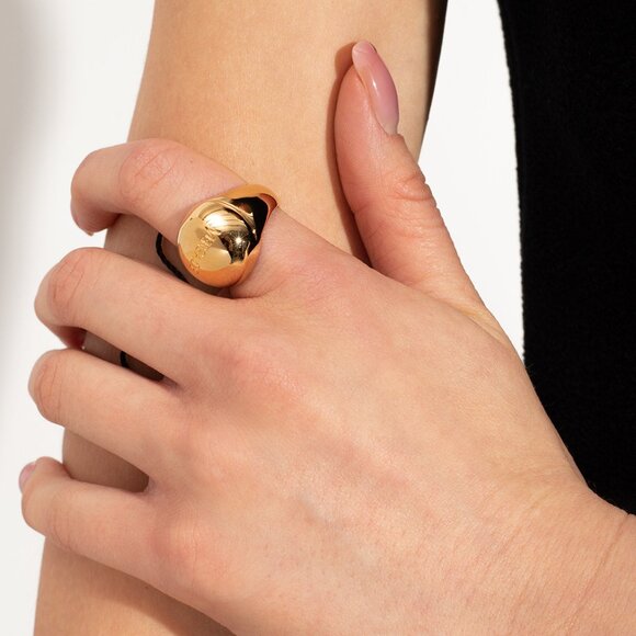 Versace Gold Color Metal Logo Engraved Statement Ring Sz 17